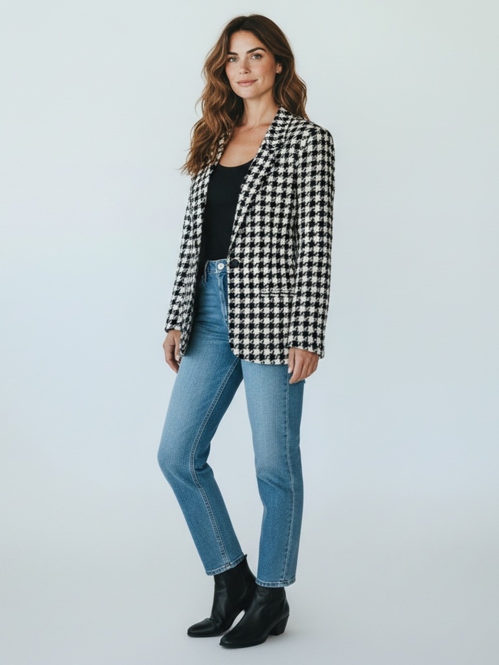 Vintage Benard Holtzman Houndstooth Black White Gold Wool Blazer - 12